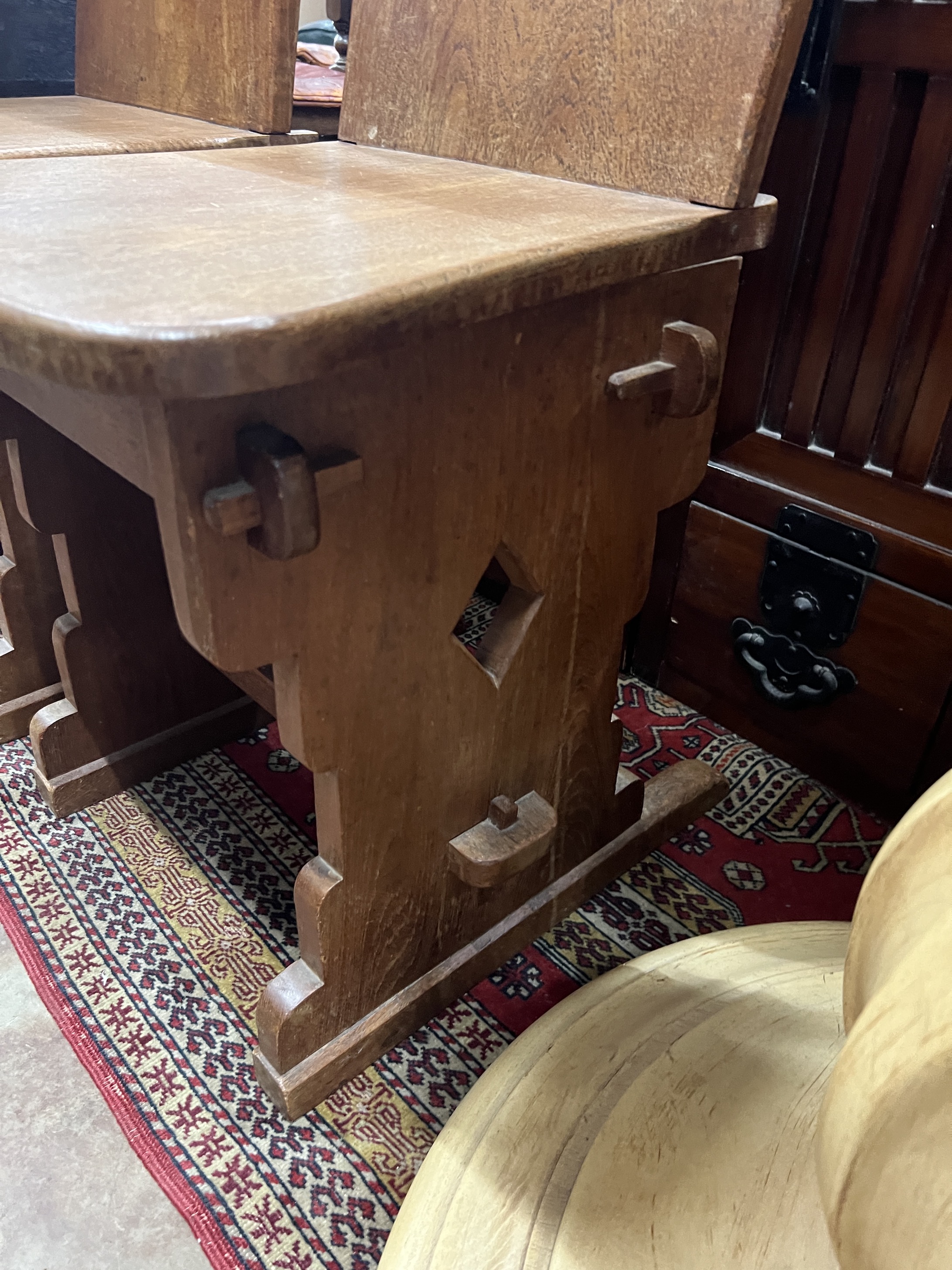 A pair of oak hall chairs, width 44cm, depth 41cm, height 105cm